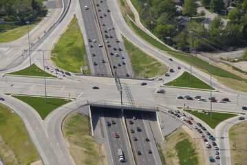 Aerial view of a major interstate highway cloverleaf and overpass in Missouri