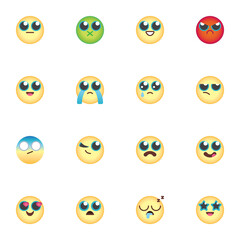 Cartoon emoji collection, flat icons set, Colorful symbols pack contains - round smiley, circle emoticon, happy emoji face expression . Vector illustration. Flat style design
