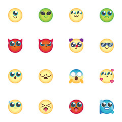 Colorful emoji collection, chat emoticon flat icons set, Colorful symbols pack contains - cartoon smiley face, angry, sad, cry, sleep. Vector illustration. Flat style design