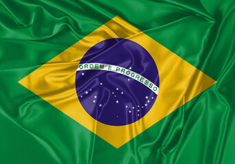 Brazil flag waving in the wind. National flag on satin cloth surface texture. Background for international concept.