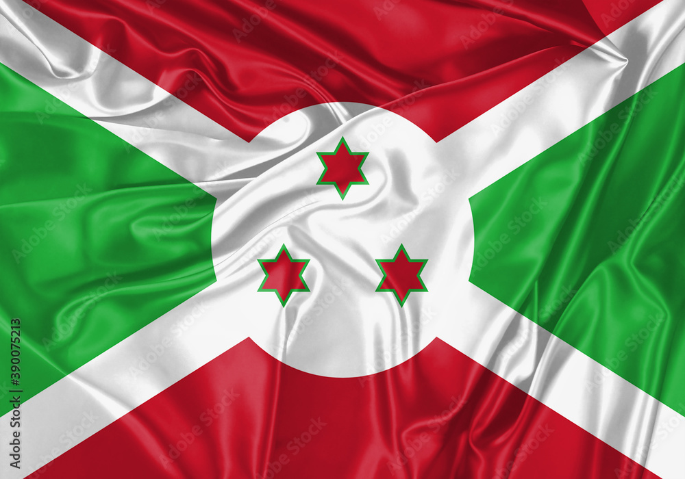 Wall mural Burundi flag waving in the wind. National flag on satin cloth surface texture. Background for international concept.