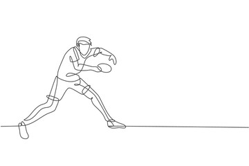 One single line drawing young energetic man table tennis player pose defensively vector graphic illustration. Sport training concept. Modern continuous line draw design for ping pong tournament banner