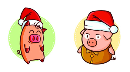 Cute and funny pigs  wearing Santa's hat for Christmas