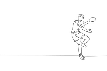 One continuous line drawing of young sporty man table tennis player pose defensive to hit ball. Competitive sport concept. Single line draw design vector illustration for ping pong championship poster