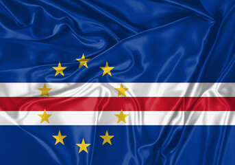 Cape Verde flag waving in the wind. National flag on satin cloth surface texture. Background for international concept.