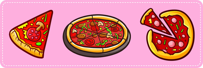 Funny and yummy three pizzas in slice and a whole