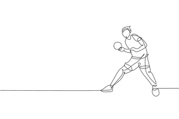 One single line drawing young energetic man table tennis player train seriously vector graphic illustration. Sport training concept. Modern continuous line draw design for ping pong tournament banner