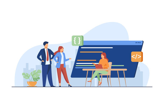 Programmers coding new program. Laptop, code, development flat vector illustration. Programming and digital technology concept for banner, website design or landing web page