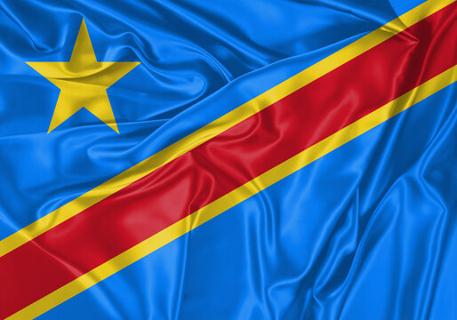 Congo flag waving in the wind. National flag on satin cloth surface texture. Background for international concept.