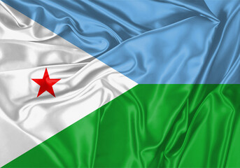 Djibouti flag waving in the wind. National flag on satin cloth surface texture. Background for international concept.