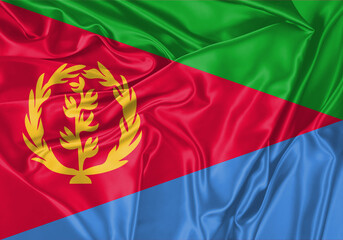 Eritrea flag waving in the wind. National flag on satin cloth surface texture. Background for international concept.