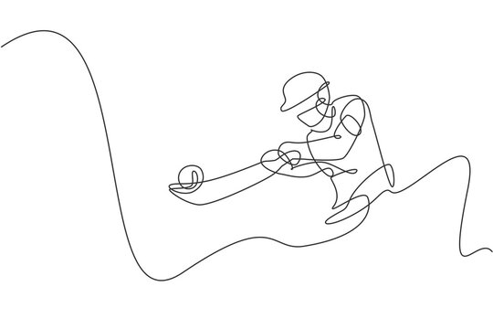 Single Continuous Line Drawing Young Agile Indian Man Cricket Player Hit The Ball Precisely Vector Graphic Illustration. Sport Exercise Concept. Trendy One Line Draw Design For Cricket Promotion Media