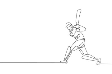 One single line drawing of young energetic man cricket player standing and hitting the ball vector illustration. Sport fair concept. Modern continuous line draw design for cricket competition banner