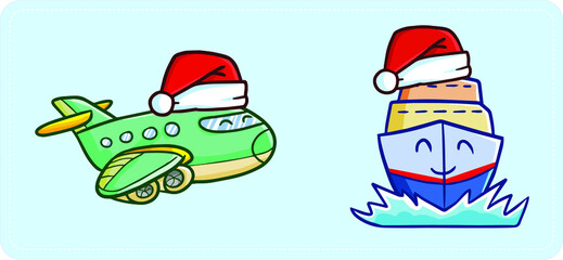 Funny and cute airplane and cruise ship wearing Santa's hat for Christmas celebration