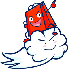 Funny and cute red shopping bag character riding a cloud for discount event