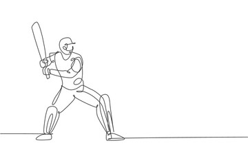 One single line drawing young energetic man cricket player stance standing to hit the ball vector illustration graphic. Sport concept. Modern continuous line draw design for cricket competition banner