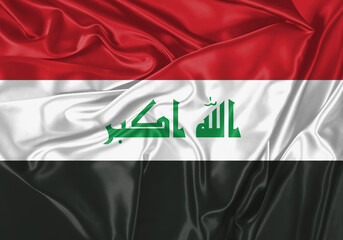 Iraq flag waving in the wind. National flag on satin cloth surface texture. Background for...