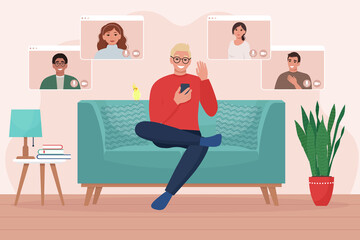 Man with phone takes Video call conference with friends or colleagues sitting on sofa. Work from home concept. Vector illustration in flat style