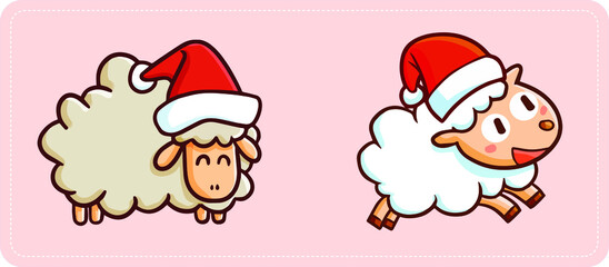 Funny and cute two sheeps wearing Santa's hat for Christmas celebration