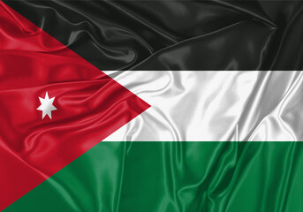 Jordan flag waving in the wind. National flag on satin cloth surface texture. Background for international concept.