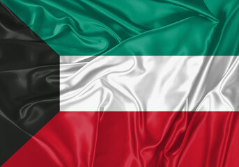 Kuwait flag waving in the wind. National flag on satin cloth surface texture. Background for international concept.