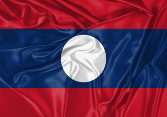 Laos flag waving in the wind. National flag on satin cloth surface texture. Background for international concept.