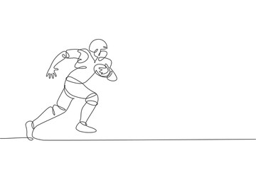 One single line drawing of young energetic american football player running while hold the ball for league promotion. Sport competition concept. Modern continuous line draw design vector illustration