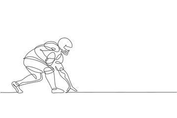 One continuous line drawing of young american football player stance to run fast to reach goal line for competition poster. Sport teamwork concept. Dynamic single line draw design vector illustration