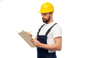 profession, construction and building - male worker or builder in helmet with clipboard over white background