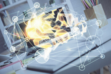 Double exposure of desktop computer and human brain drawing hologram. Ai concept.