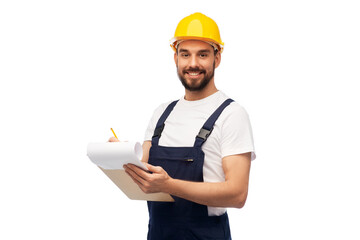 profession, construction and building - happy smiling male worker or builder in helmet with clipboard over white background