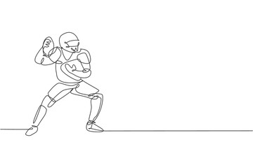 One continuous line drawing of young sporty american football player pass the ball to his teammates for competition poster. Sport teamwork concept. Dynamic single line draw design vector illustration