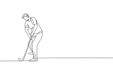 One continuous line drawing of young golf player swing golf club and hit the ball. Leisure sport concept. Dynamic single line draw graphic design vector illustration for tournament promotion media