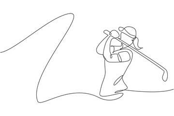 Single continuous line drawing of young happy golf player swing the golf club to hit the ball. Hobby sport concept. Trendy one line draw design vector illustration for golf tournament promotion media - obrazy, fototapety, plakaty