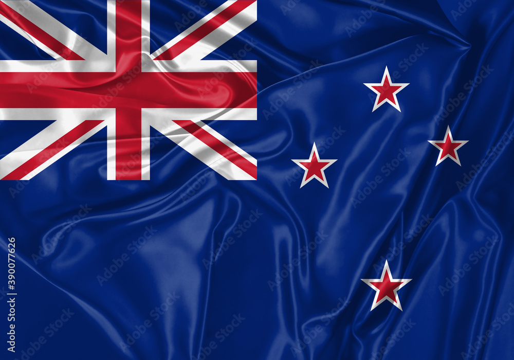 Wall mural New Zealand flag waving in the wind. National flag on satin cloth surface texture. Background for international concept.