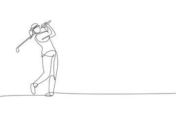Single continuous line drawing of young happy golf player swing the golf club to hit the ball. Hobby sport concept. Trendy one line draw design vector illustration for golf tournament promotion media