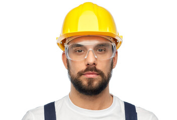 profession, construction and building - male worker or builder in yellow helmet and overall over white background