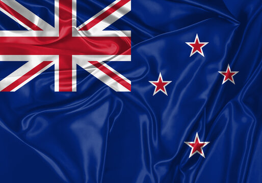 New Zealand flag waving in the wind. National flag on satin cloth surface texture. Background for international concept.