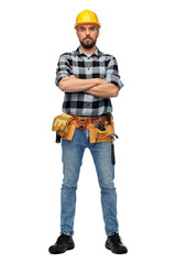 profession, construction and building - male worker or builder in helmet with crossed arms over white background