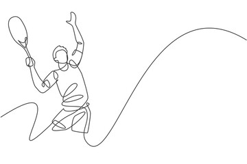 One continuous line drawing of young happy male tennis player serving the ball. Competitive sport concept. Dynamic single line draw design vector graphic illustration for tournament promotion poster - obrazy, fototapety, plakaty