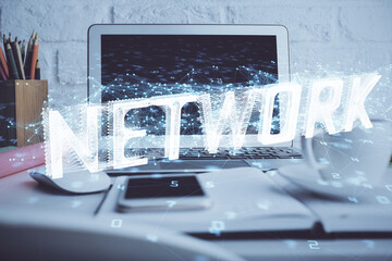 Double exposure of desktop with personal computer on background and tech theme drawing. Concept of Bigdata.