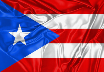 Puerto Rico flag waving in the wind. National flag on satin cloth surface texture. Background for international concept.