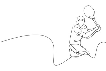 One single line drawing young energetic male tennis player hit the ball graphic vector illustration. Sport training concept. Modern continuous line draw design for tennis tournament banner and poster