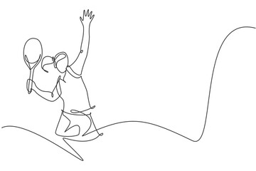 Fototapeta premium One single line drawing young energetic woman tennis player hit the ball graphic vector illustration. Sport training concept. Modern continuous line draw design for tennis tournament banner and poster