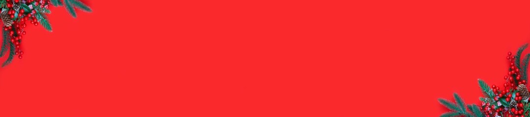 Christmas decorations on the red background with copy space for your text. Banner.