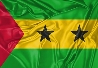Sao Tome And Principe flag waving in the wind. National flag on satin cloth surface texture....
