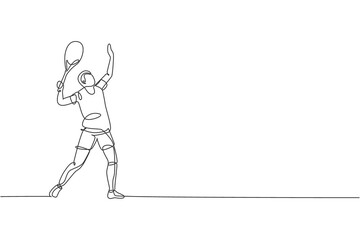 Single continuous line drawing of young agile tennis player prepare to service the ball. Sport exercise concept. Trendy one line draw design vector illustration for tennis tournament promotion media