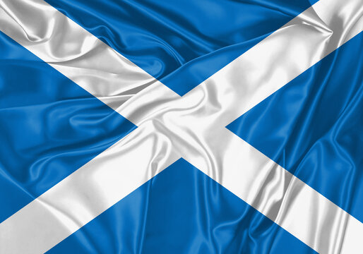 Scotland flag waving in the wind. National flag on satin cloth surface texture. Background for international concept.