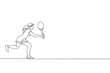 One single line drawing of young energetic tennis player hit the ball graphic vector illustration. Sport training concept. Modern continuous line draw design for tennis tournament banner and poster
