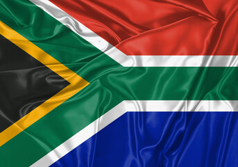 South Africa flag waving in the wind. National flag on satin cloth surface texture. Background for international concept.